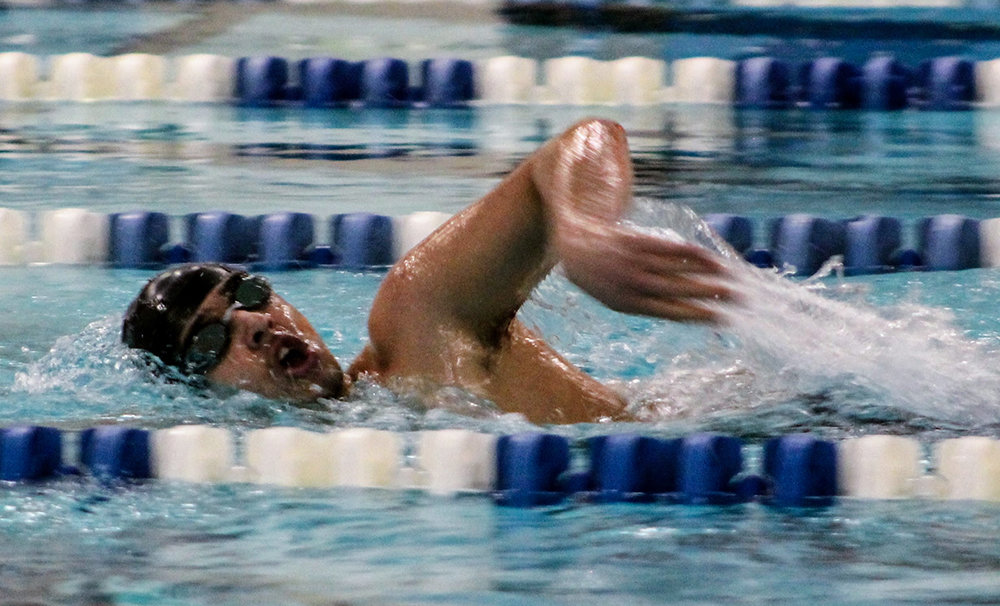 Valley Central’s Gabe Nasser swims a freestyle event during a virtual boys’ swimming meet on Wednesday at Valley Central High School in Montgomery. The Vikings defeated Goshen, 119-58.